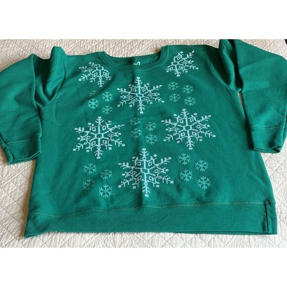 Hanes Soft Green & White Holiday Sparkle Snowflakes Sweatshirt Sz M - Picture 5 of 7